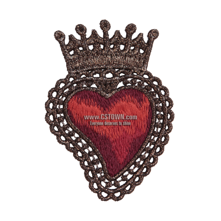Metallic Thread Red Heart with Crown Fancy Embroidery Patch